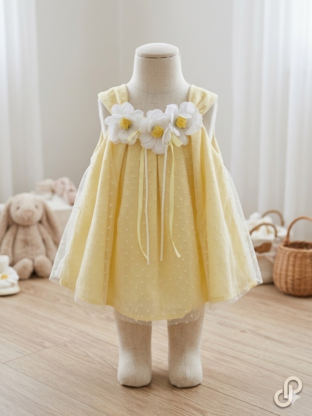 Rare Editions Yellow Flower Appliqué Dot Tulle Dress, Size 24mons, GPreLC